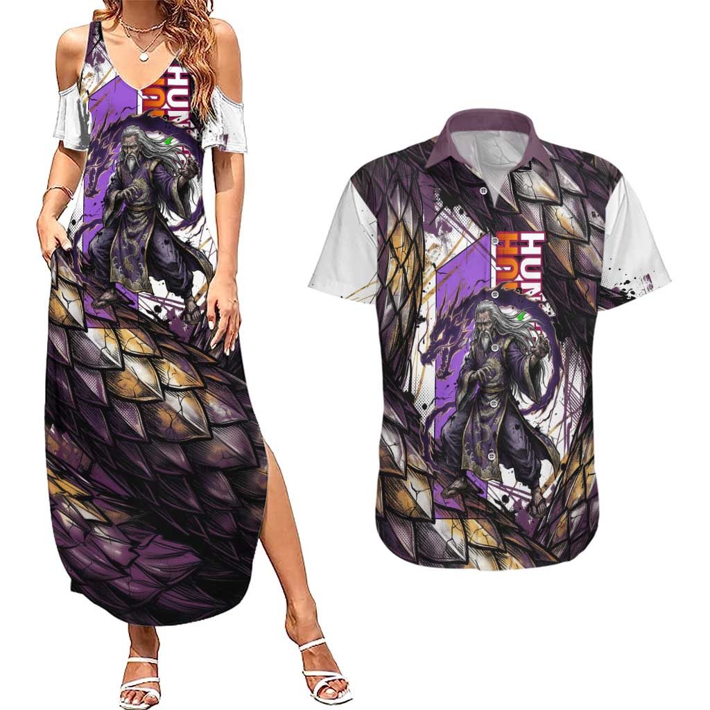 Zeno Zoldyck Theme White and Purple Dragon Aura Design Couples Matching Summer Maxi Dress and Hawaiian Shirt with Dark Energy Card Artwork - The Mazicc