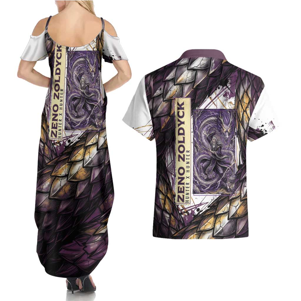 Zeno Zoldyck Theme White and Purple Dragon Aura Design Couples Matching Summer Maxi Dress and Hawaiian Shirt with Dark Energy Card Artwork - The Mazicc