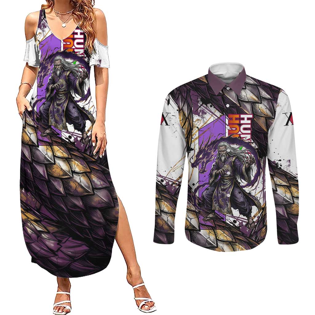 Zeno Zoldyck Theme White and Purple Dragon Aura Design Couples Matching Summer Maxi Dress and Long Sleeve Button Shirt with Dark Energy Card Artwork - The Mazicc
