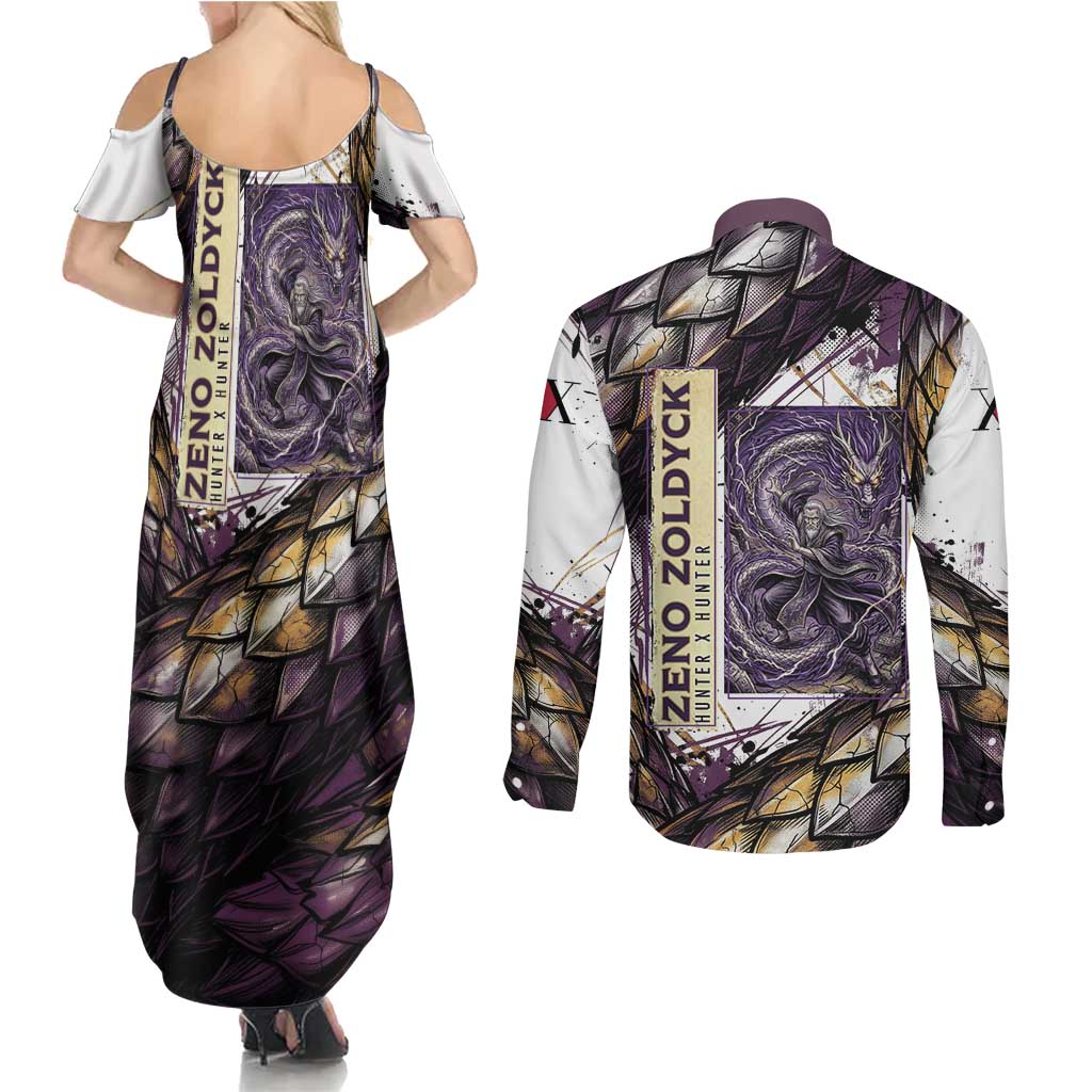 Zeno Zoldyck Theme White and Purple Dragon Aura Design Couples Matching Summer Maxi Dress and Long Sleeve Button Shirt with Dark Energy Card Artwork - The Mazicc