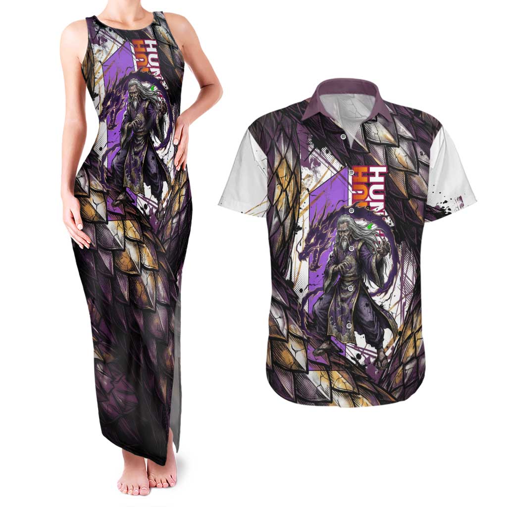 Zeno Zoldyck Theme White and Purple Dragon Aura Design Couples Matching Tank Maxi Dress and Hawaiian Shirt with Dark Energy Card Artwork - The Mazicc