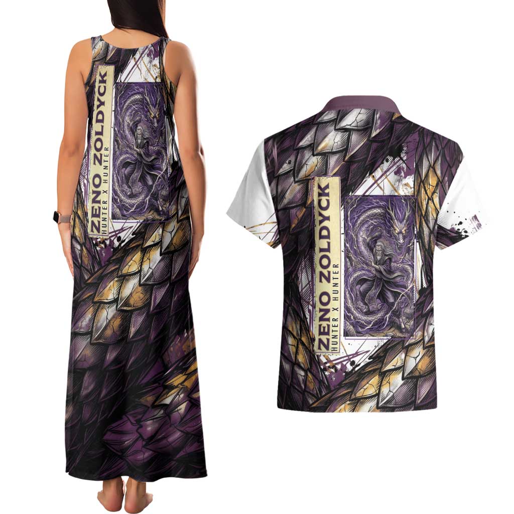 Zeno Zoldyck Theme White and Purple Dragon Aura Design Couples Matching Tank Maxi Dress and Hawaiian Shirt with Dark Energy Card Artwork - The Mazicc