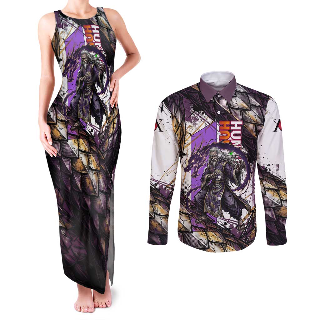 Zeno Zoldyck Theme White and Purple Dragon Aura Design Couples Matching Tank Maxi Dress and Long Sleeve Button Shirt with Dark Energy Card Artwork - The Mazicc