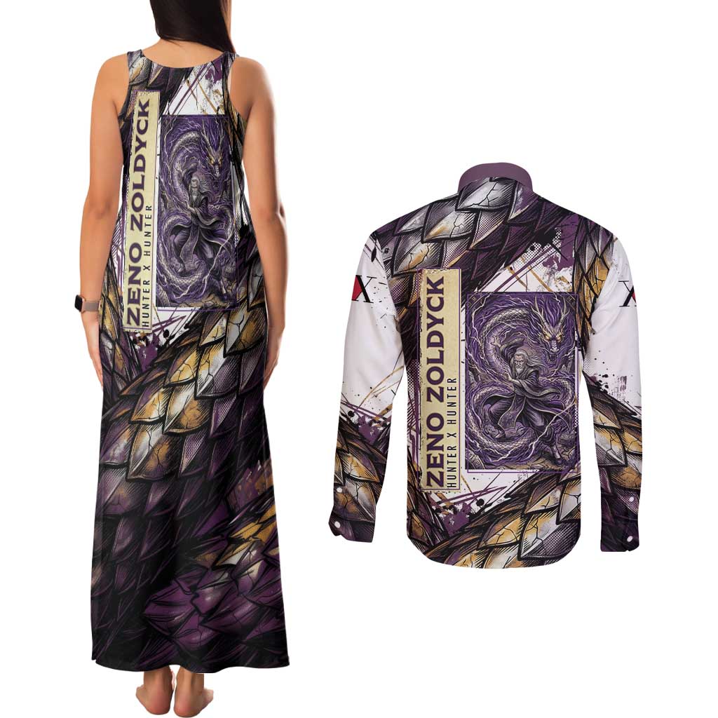 Zeno Zoldyck Theme White and Purple Dragon Aura Design Couples Matching Tank Maxi Dress and Long Sleeve Button Shirt with Dark Energy Card Artwork - The Mazicc