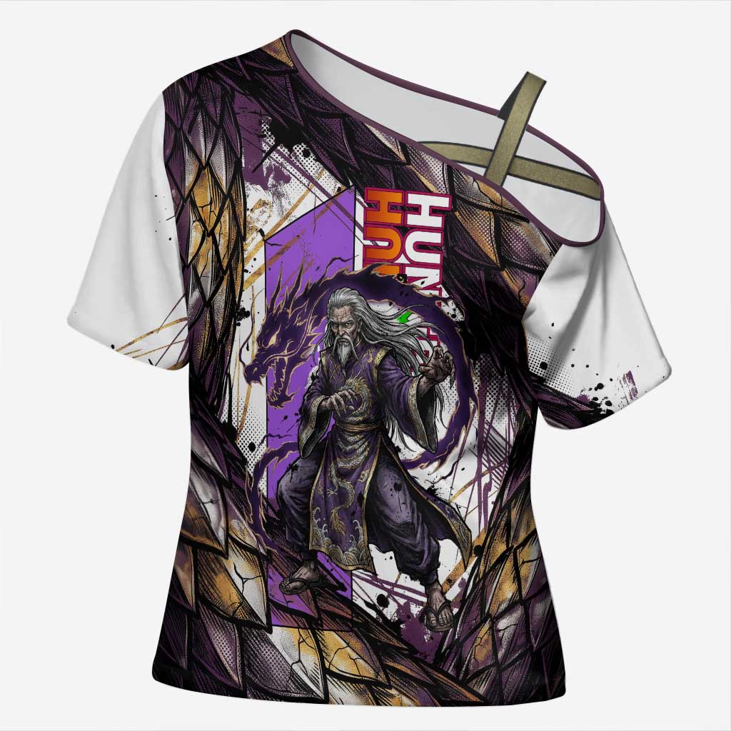 Zeno Zoldyck Theme White and Purple Dragon Aura Design Cross Shoulder Shirt with Dark Energy Card Artwork - The Mazicc