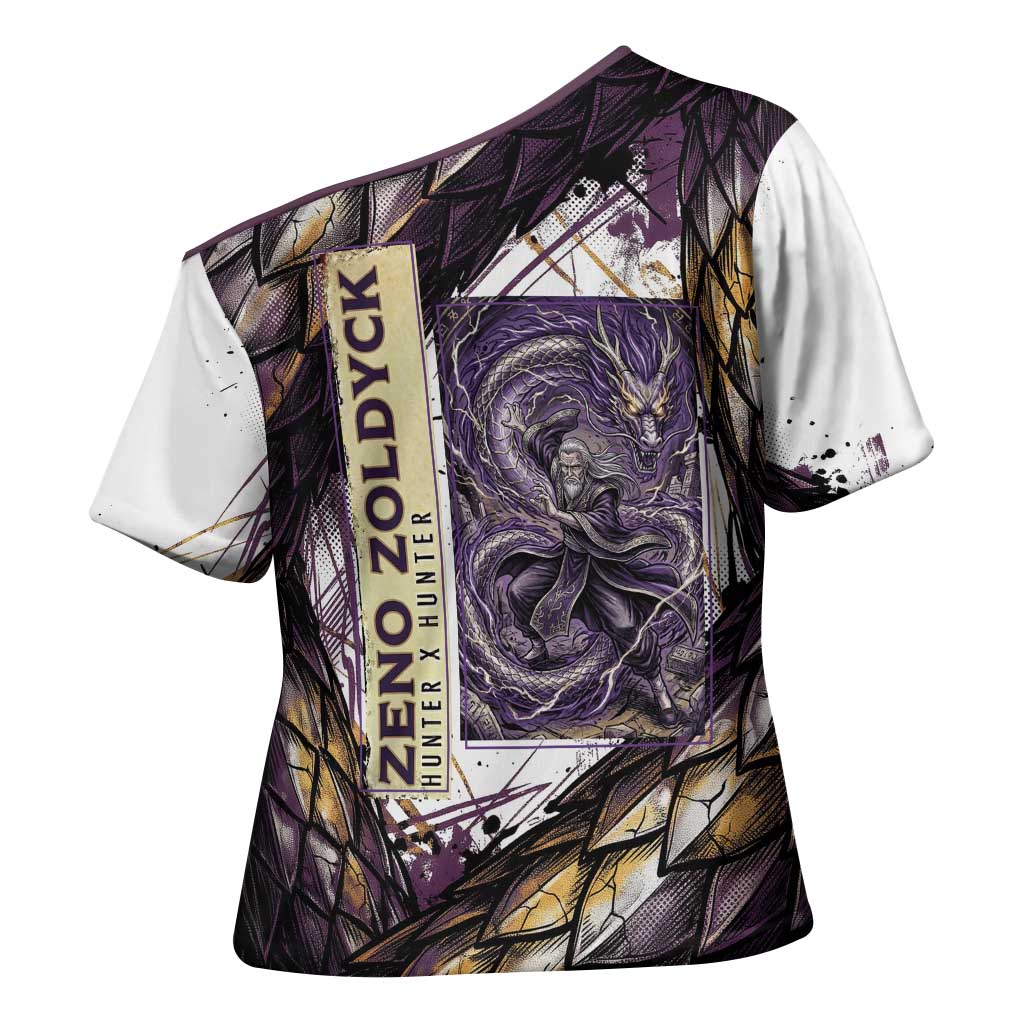 Zeno Zoldyck Theme White and Purple Dragon Aura Design Cross Shoulder Shirt with Dark Energy Card Artwork - The Mazicc