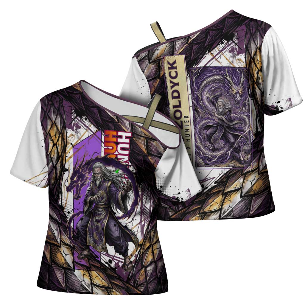 Zeno Zoldyck Theme White and Purple Dragon Aura Design Cross Shoulder Shirt with Dark Energy Card Artwork - The Mazicc