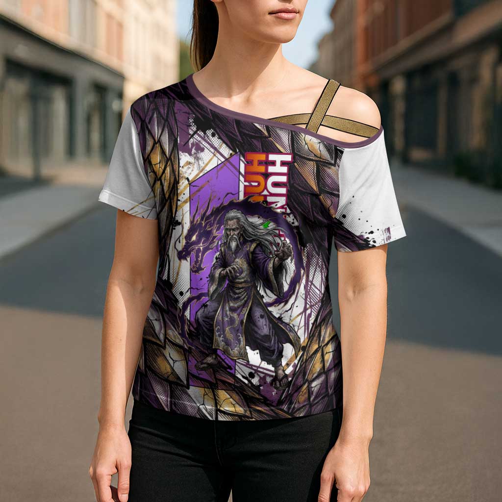 Zeno Zoldyck Theme White and Purple Dragon Aura Design Cross Shoulder Shirt with Dark Energy Card Artwork - The Mazicc