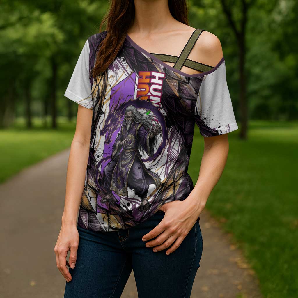 Zeno Zoldyck Theme White and Purple Dragon Aura Design Cross Shoulder Shirt with Dark Energy Card Artwork - The Mazicc