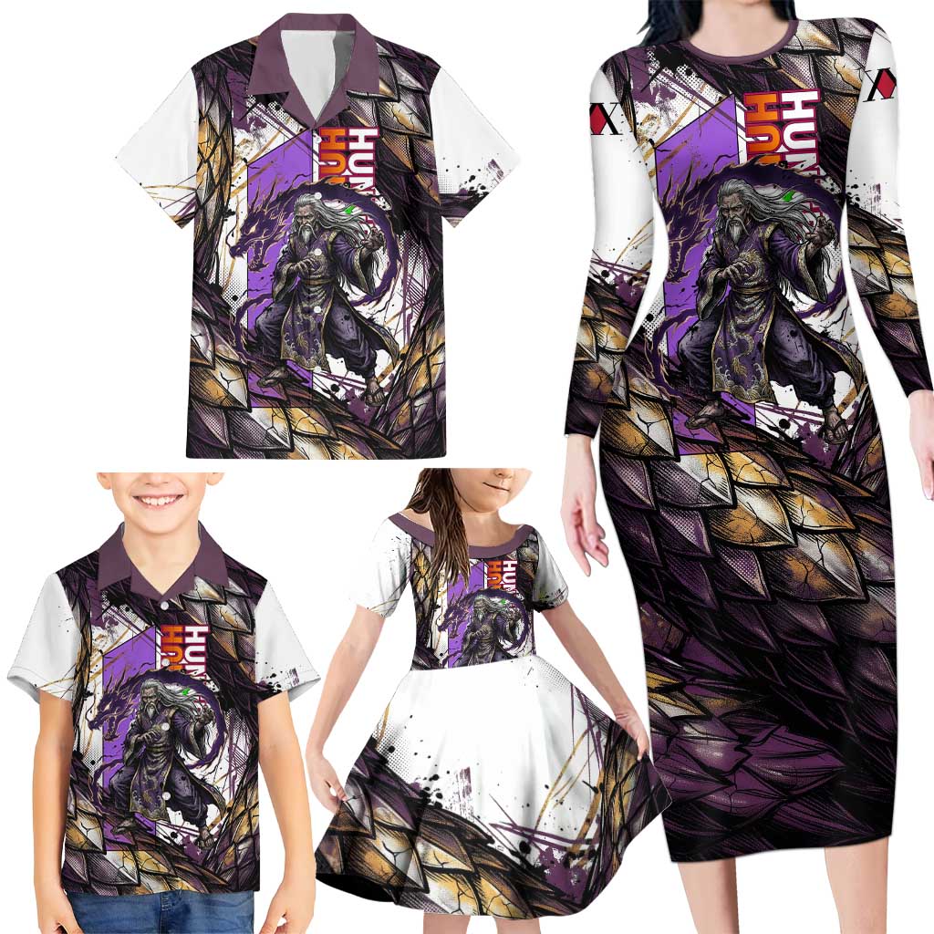 Zeno Zoldyck Theme White and Purple Dragon Aura Design Family Matching Long Sleeve Bodycon Dress and Hawaiian Shirt with Dark Energy Card Artwork
