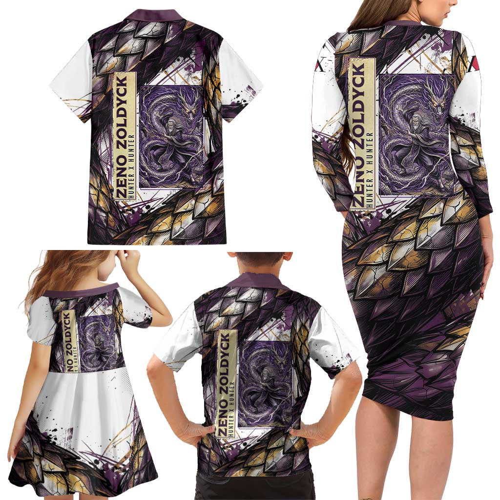 Zeno Zoldyck Theme White and Purple Dragon Aura Design Family Matching Long Sleeve Bodycon Dress and Hawaiian Shirt with Dark Energy Card Artwork