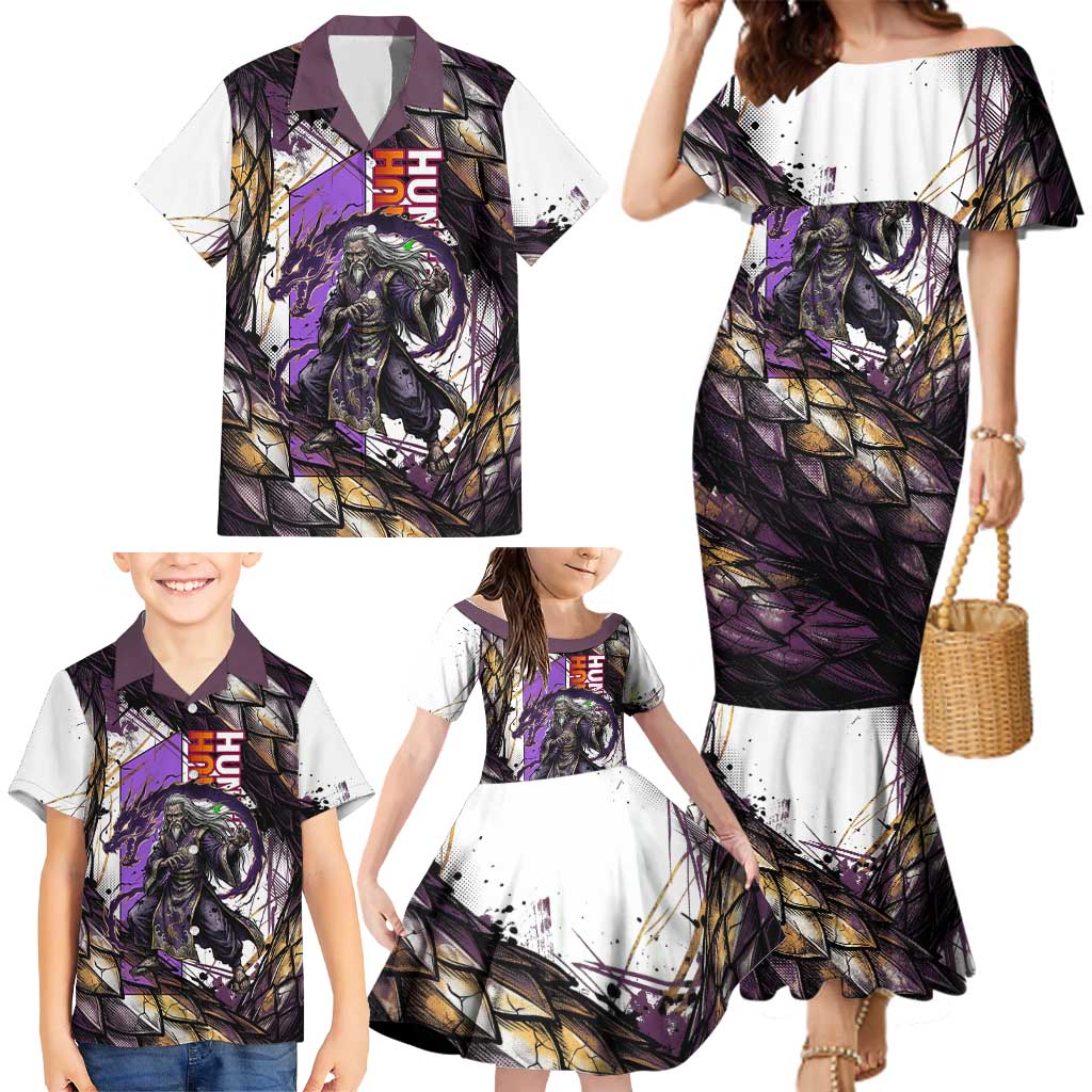Zeno Zoldyck Theme White and Purple Dragon Aura Design Family Matching Mermaid Dress and Hawaiian Shirt with Dark Energy Card Artwork