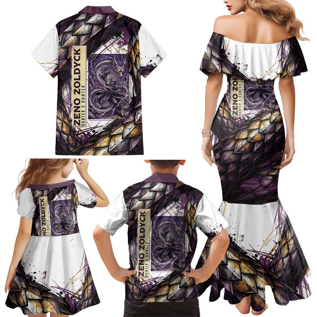 Zeno Zoldyck Theme White and Purple Dragon Aura Design Family Matching Mermaid Dress and Hawaiian Shirt with Dark Energy Card Artwork