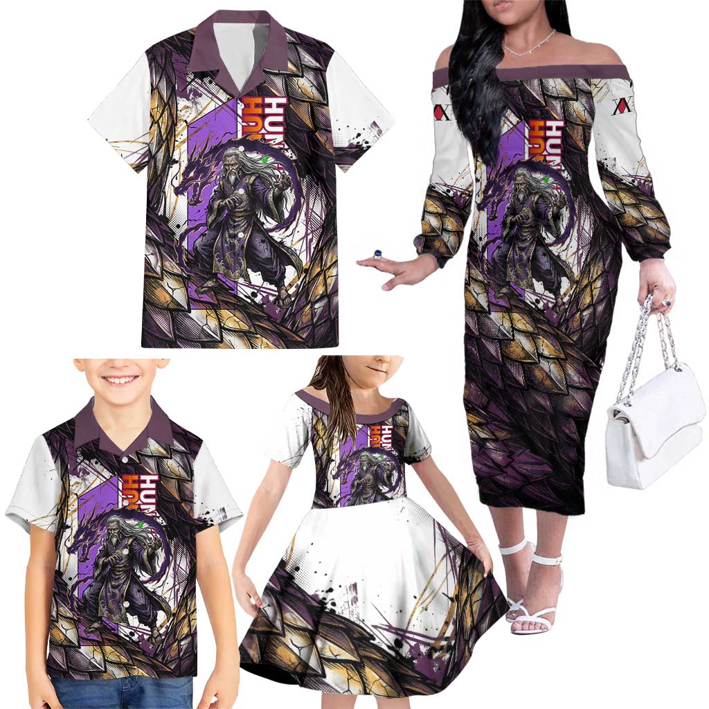 Zeno Zoldyck Theme White and Purple Dragon Aura Design Family Matching Off The Shoulder Long Sleeve Dress and Hawaiian Shirt with Dark Energy Card Artwork