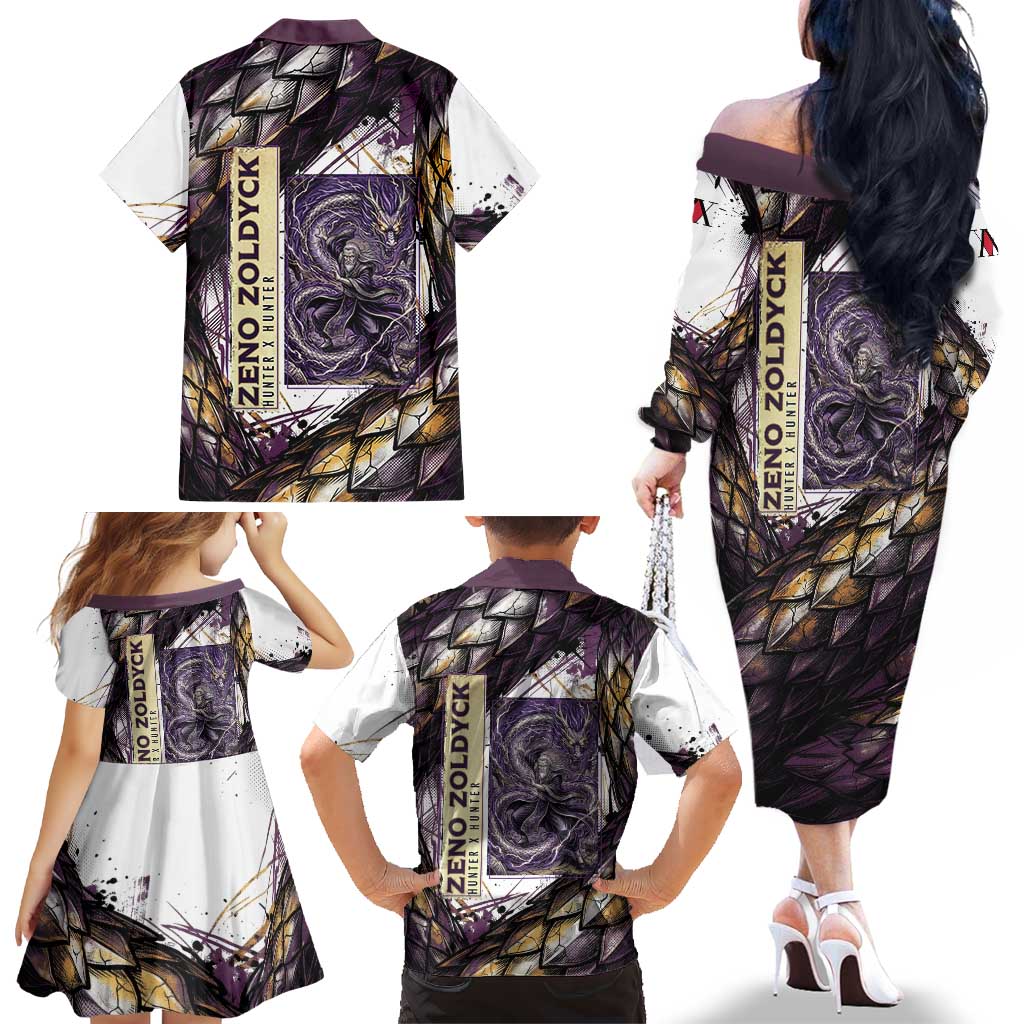 Zeno Zoldyck Theme White and Purple Dragon Aura Design Family Matching Off The Shoulder Long Sleeve Dress and Hawaiian Shirt with Dark Energy Card Artwork