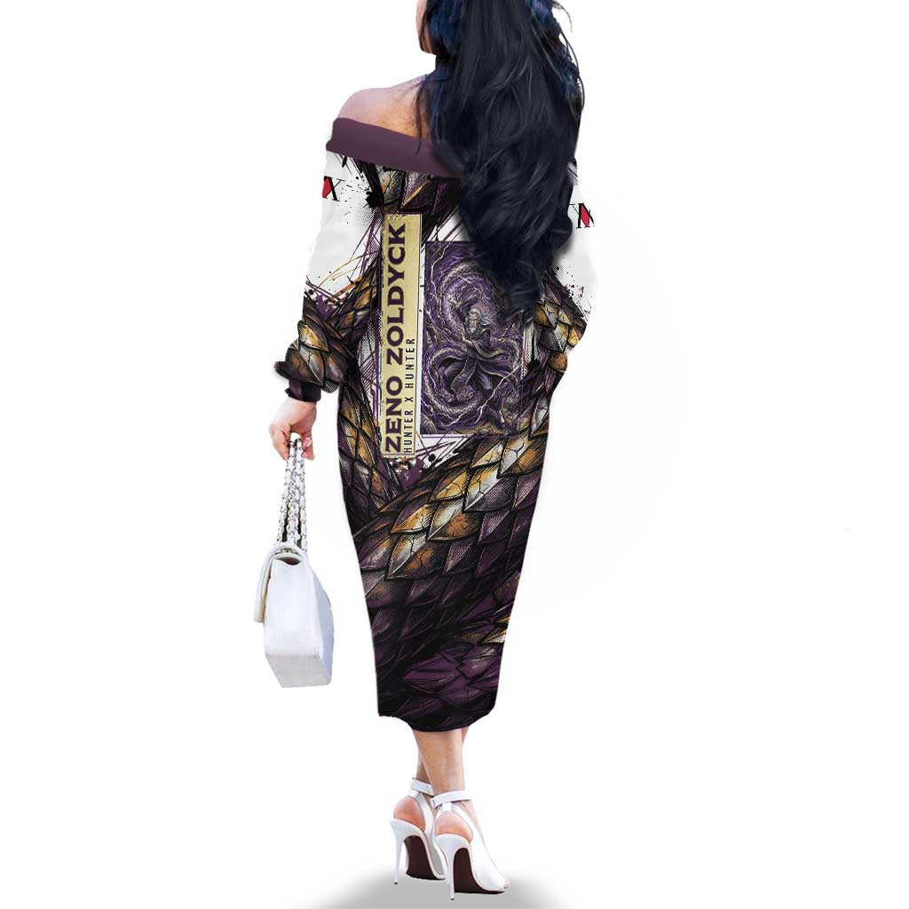 Zeno Zoldyck Theme White and Purple Dragon Aura Design Family Matching Off The Shoulder Long Sleeve Dress and Hawaiian Shirt with Dark Energy Card Artwork