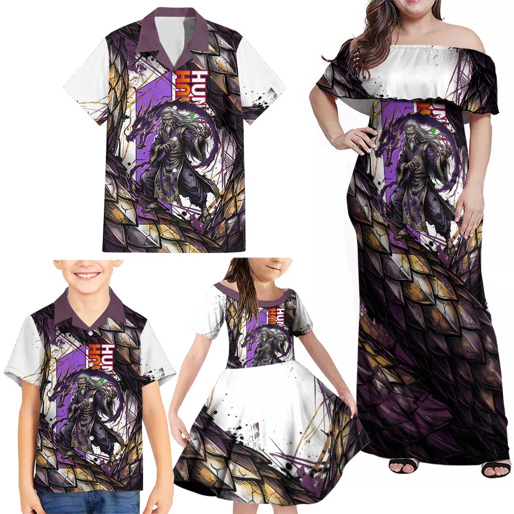 Zeno Zoldyck Theme White and Purple Dragon Aura Design Family Matching Off Shoulder Maxi Dress and Hawaiian Shirt with Dark Energy Card Artwork