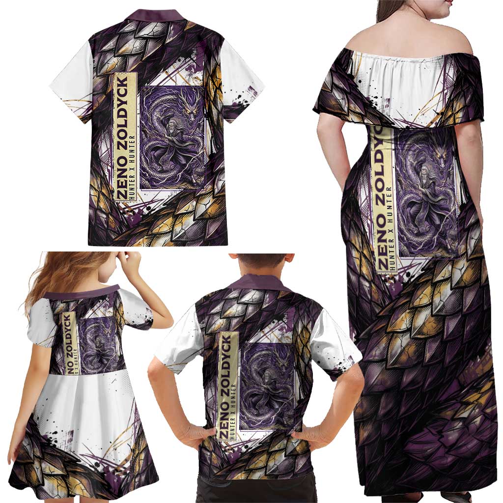 Zeno Zoldyck Theme White and Purple Dragon Aura Design Family Matching Off Shoulder Maxi Dress and Hawaiian Shirt with Dark Energy Card Artwork