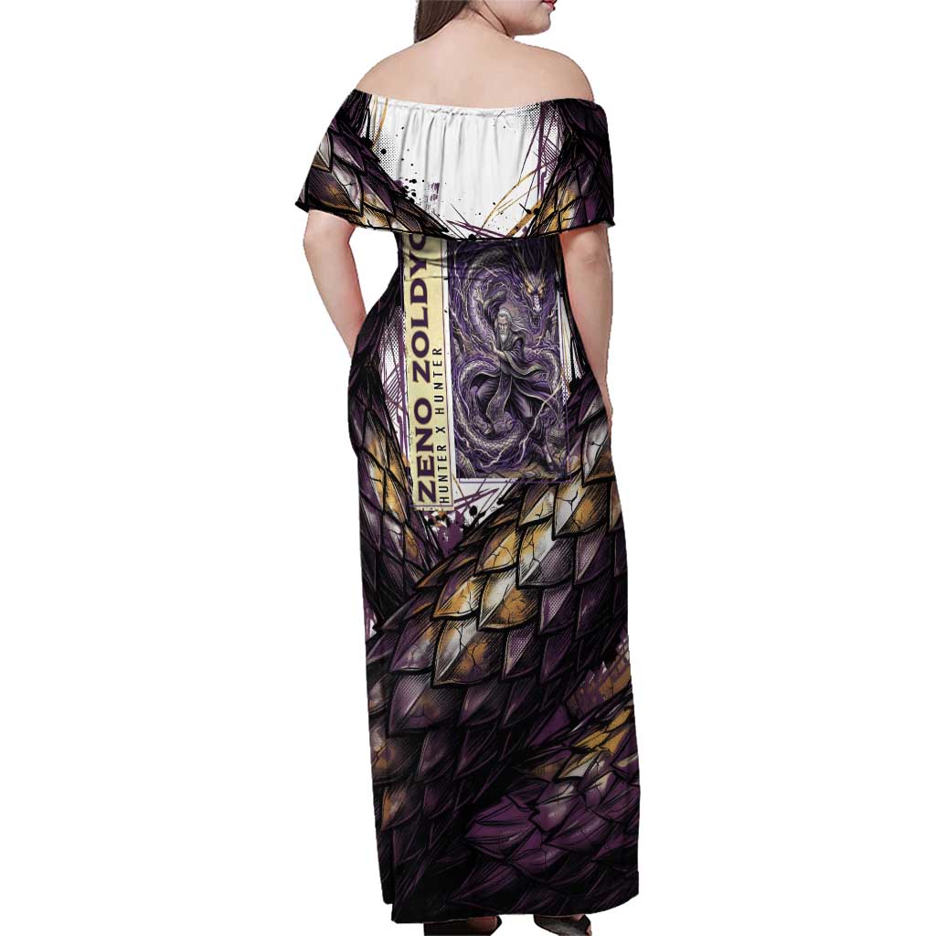 Zeno Zoldyck Theme White and Purple Dragon Aura Design Family Matching Off Shoulder Maxi Dress and Hawaiian Shirt with Dark Energy Card Artwork