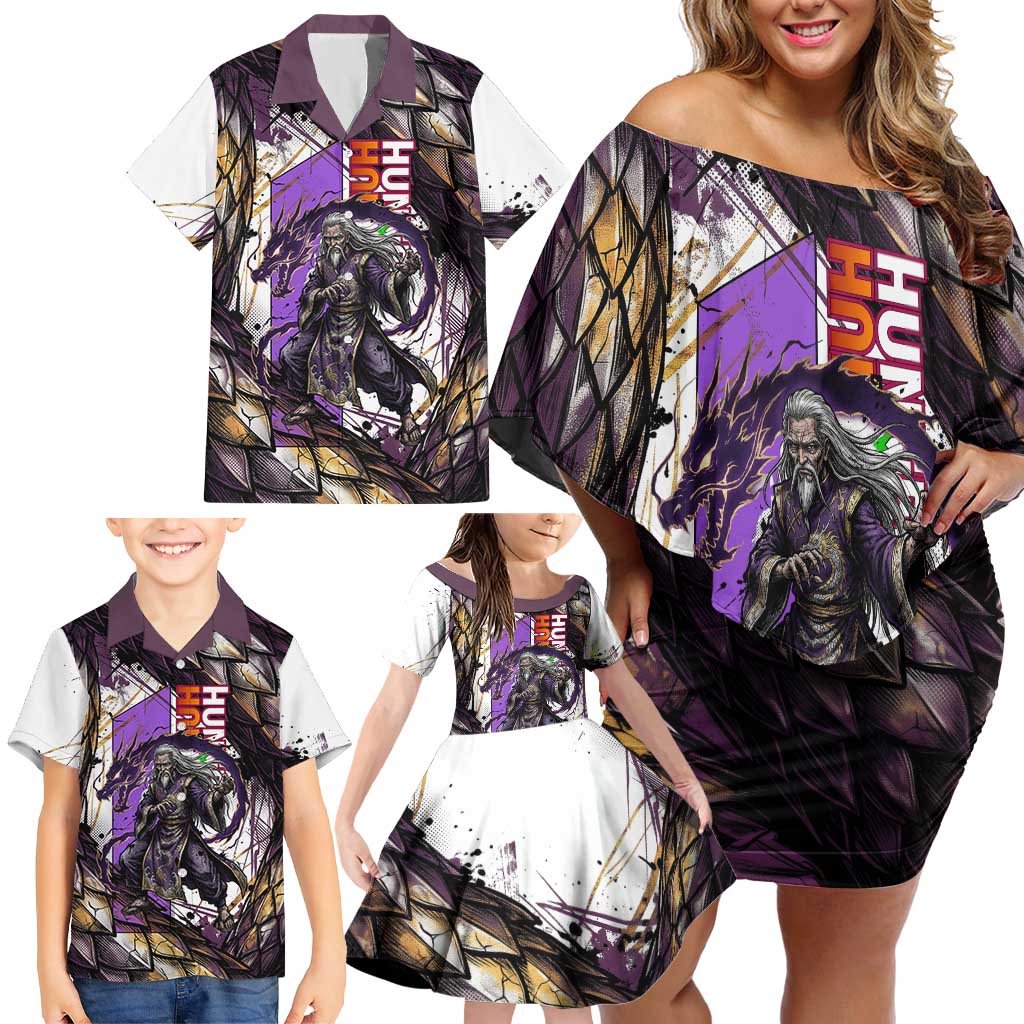 Zeno Zoldyck Theme White and Purple Dragon Aura Design Family Matching Off Shoulder Short Dress and Hawaiian Shirt with Dark Energy Card Artwork