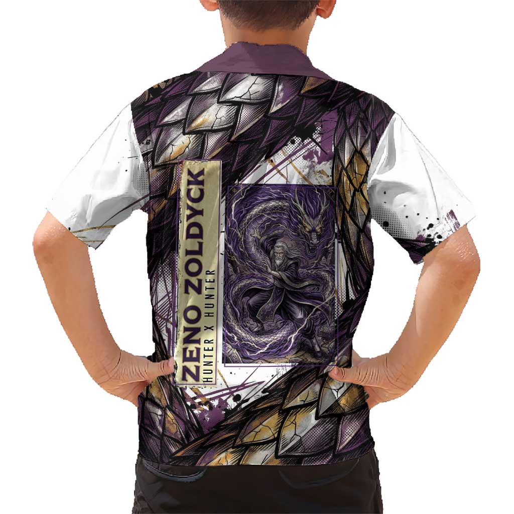 Zeno Zoldyck Theme White and Purple Dragon Aura Design Family Matching Off Shoulder Short Dress and Hawaiian Shirt with Dark Energy Card Artwork