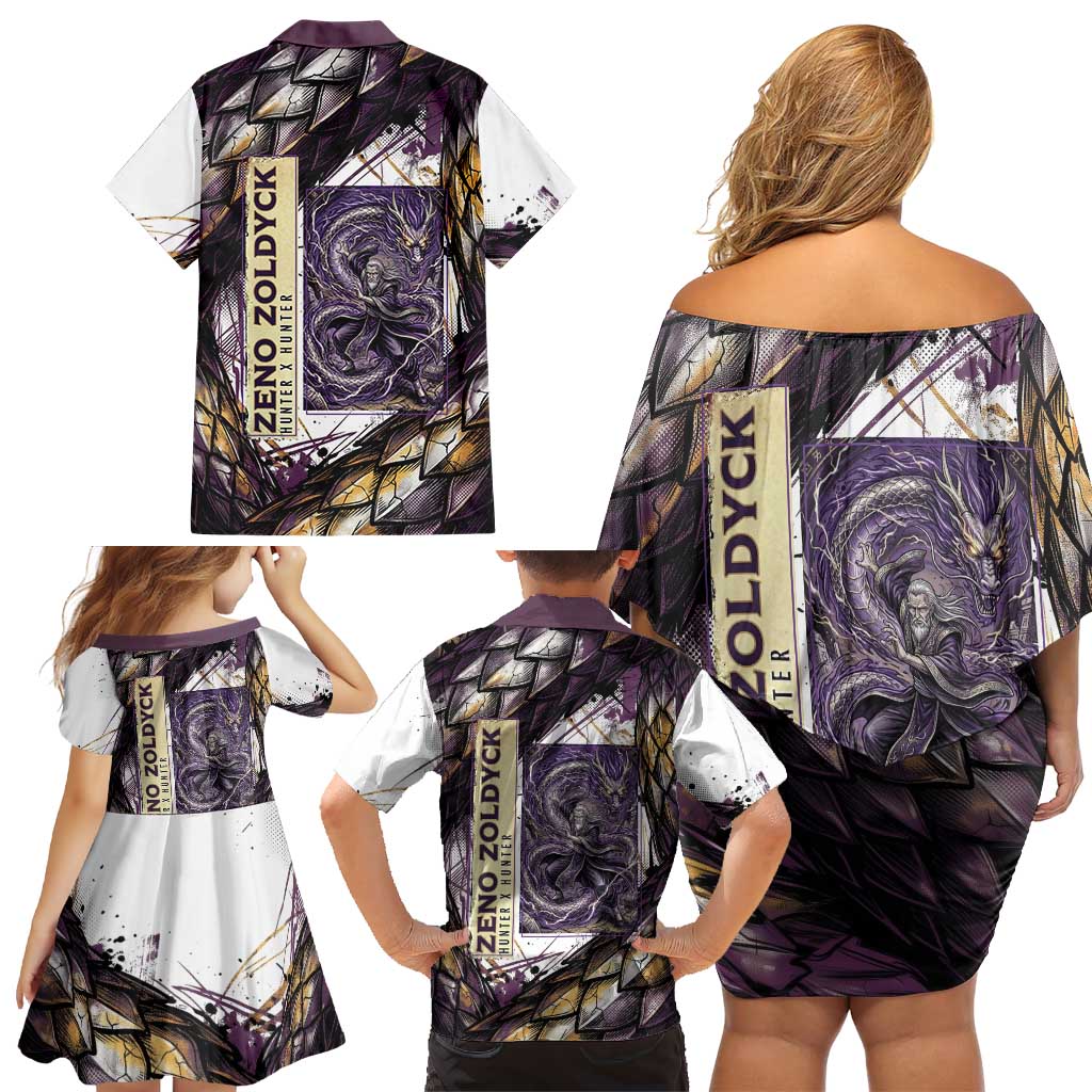 Zeno Zoldyck Theme White and Purple Dragon Aura Design Family Matching Off Shoulder Short Dress and Hawaiian Shirt with Dark Energy Card Artwork