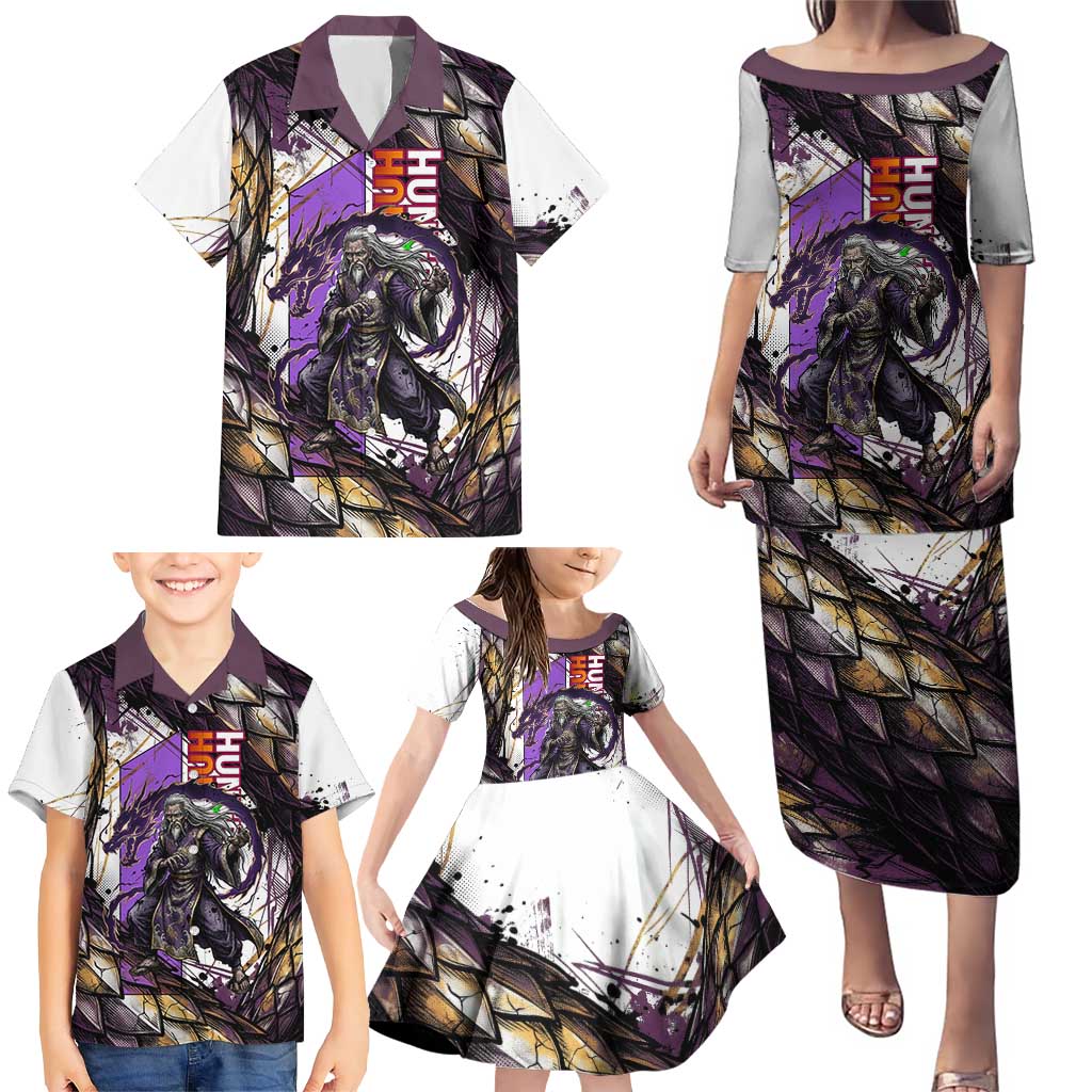 Zeno Zoldyck Theme White and Purple Dragon Aura Design Family Matching Puletasi and Hawaiian Shirt with Dark Energy Card Artwork