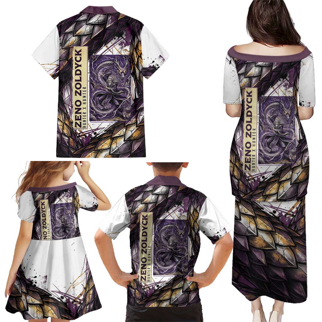 Zeno Zoldyck Theme White and Purple Dragon Aura Design Family Matching Puletasi and Hawaiian Shirt with Dark Energy Card Artwork