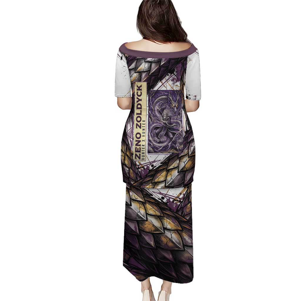 Zeno Zoldyck Theme White and Purple Dragon Aura Design Family Matching Puletasi and Hawaiian Shirt with Dark Energy Card Artwork