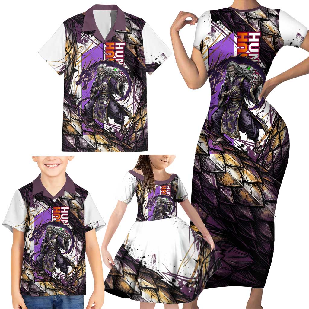 Zeno Zoldyck Theme White and Purple Dragon Aura Design Family Matching Short Sleeve Bodycon Dress and Hawaiian Shirt with Dark Energy Card Artwork