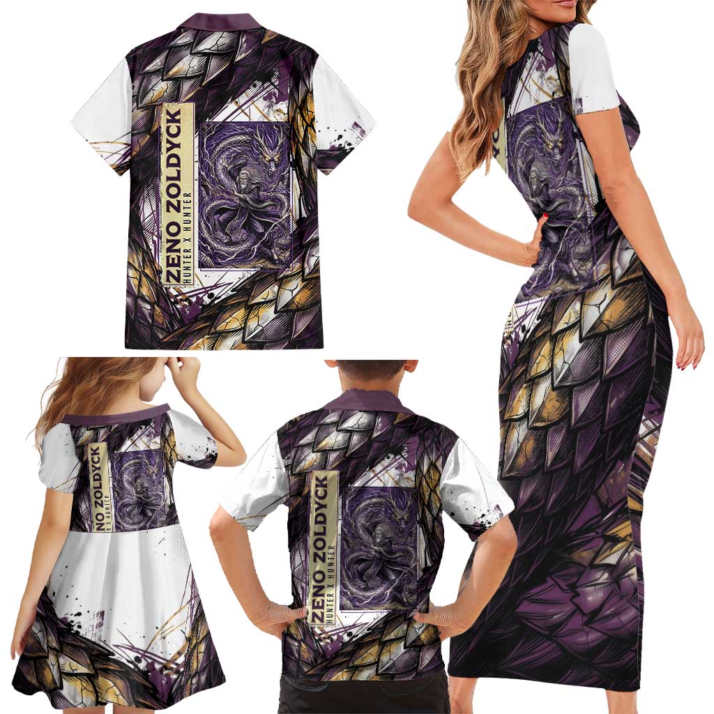 Zeno Zoldyck Theme White and Purple Dragon Aura Design Family Matching Short Sleeve Bodycon Dress and Hawaiian Shirt with Dark Energy Card Artwork