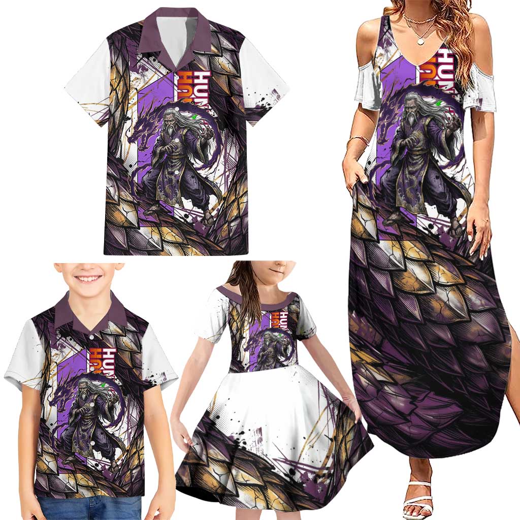 Zeno Zoldyck Theme White and Purple Dragon Aura Design Family Matching Summer Maxi Dress and Hawaiian Shirt with Dark Energy Card Artwork