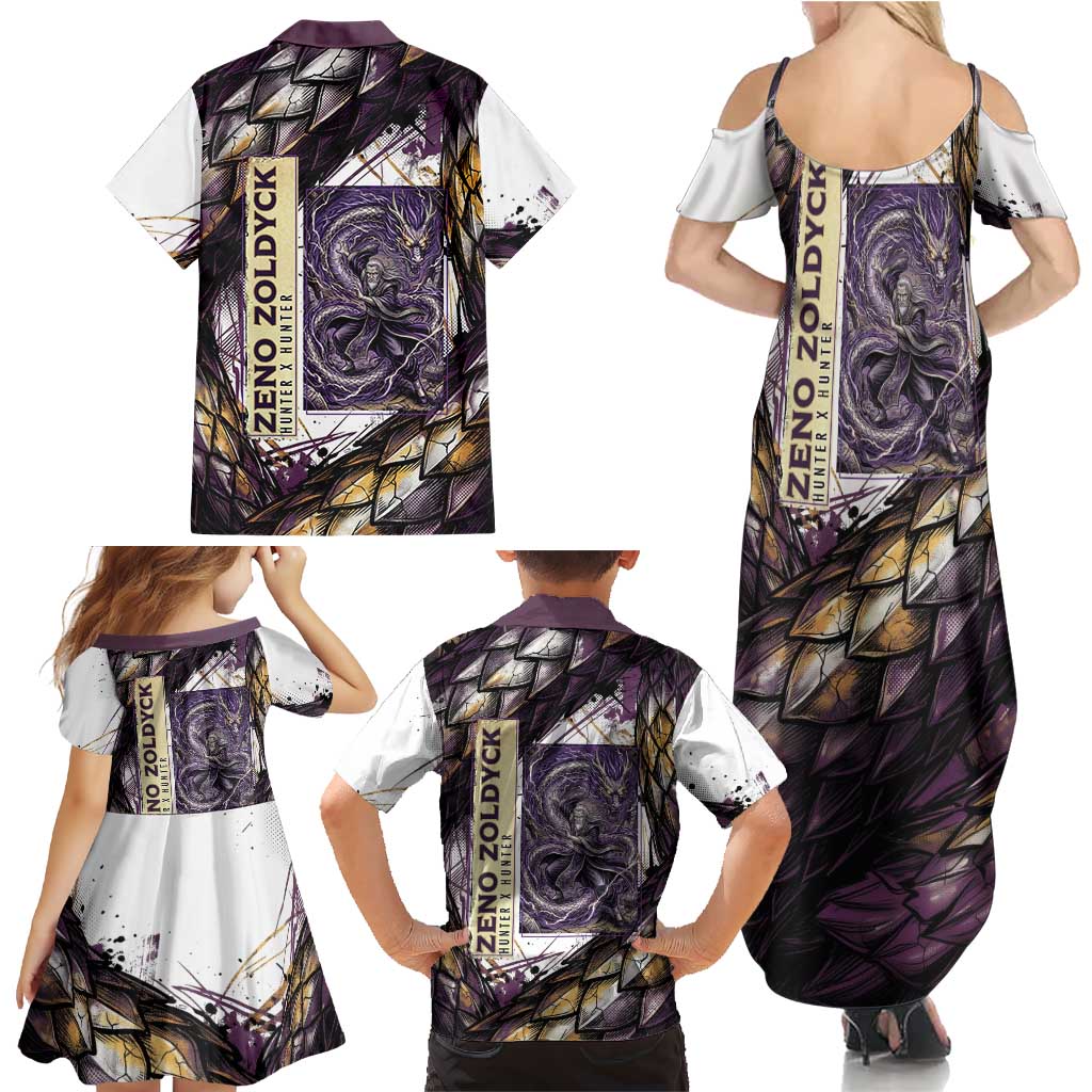 Zeno Zoldyck Theme White and Purple Dragon Aura Design Family Matching Summer Maxi Dress and Hawaiian Shirt with Dark Energy Card Artwork