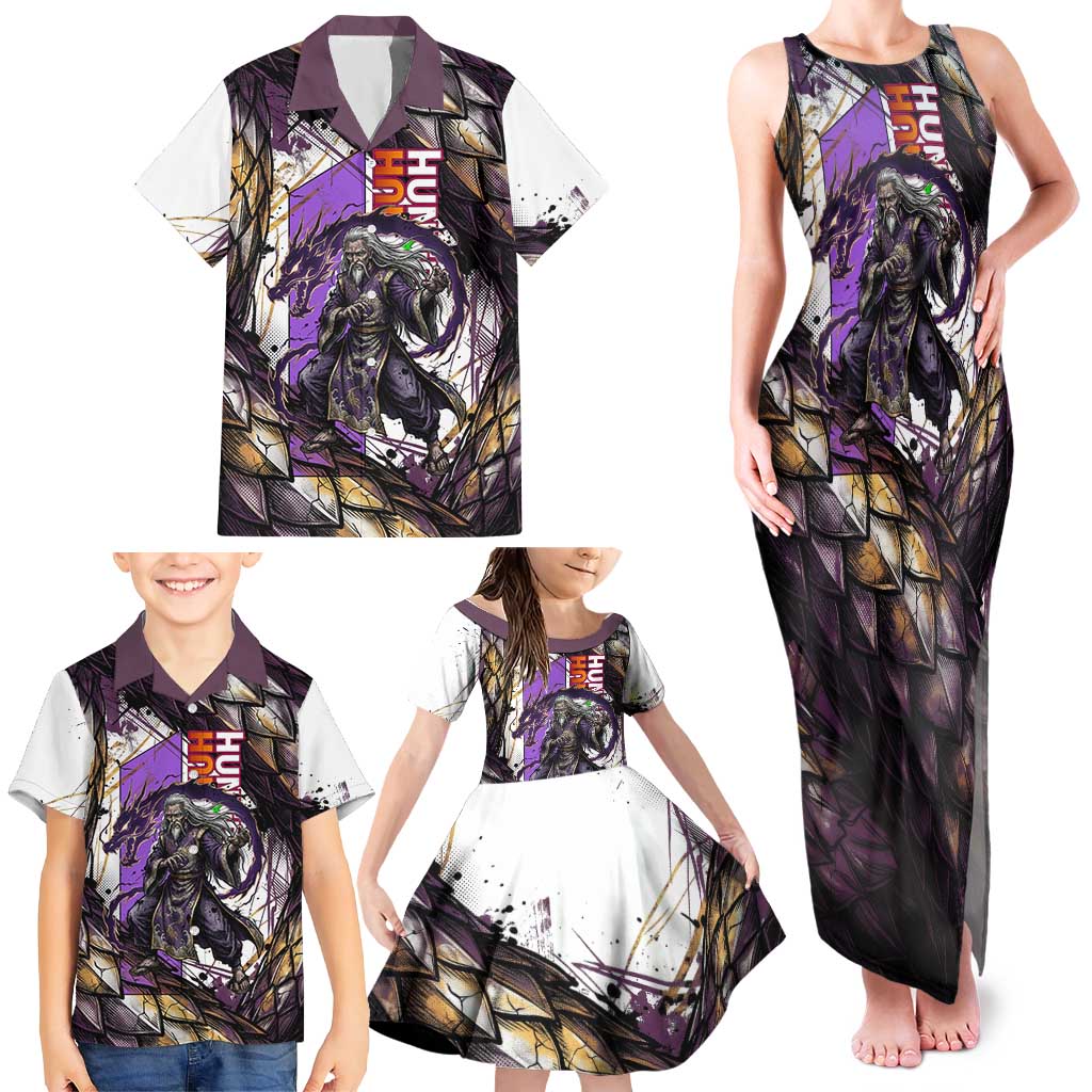 Zeno Zoldyck Theme White and Purple Dragon Aura Design Family Matching Tank Maxi Dress and Hawaiian Shirt with Dark Energy Card Artwork