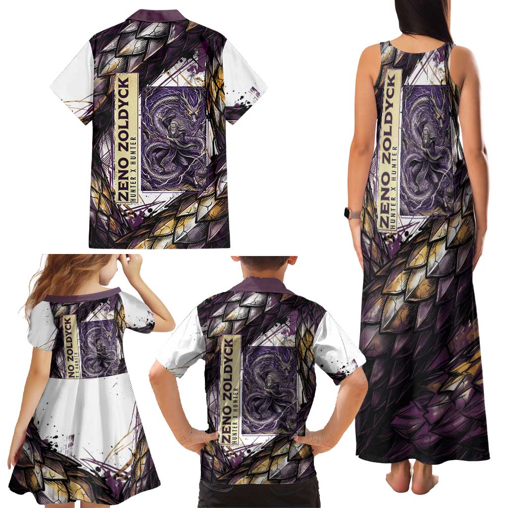 Zeno Zoldyck Theme White and Purple Dragon Aura Design Family Matching Tank Maxi Dress and Hawaiian Shirt with Dark Energy Card Artwork