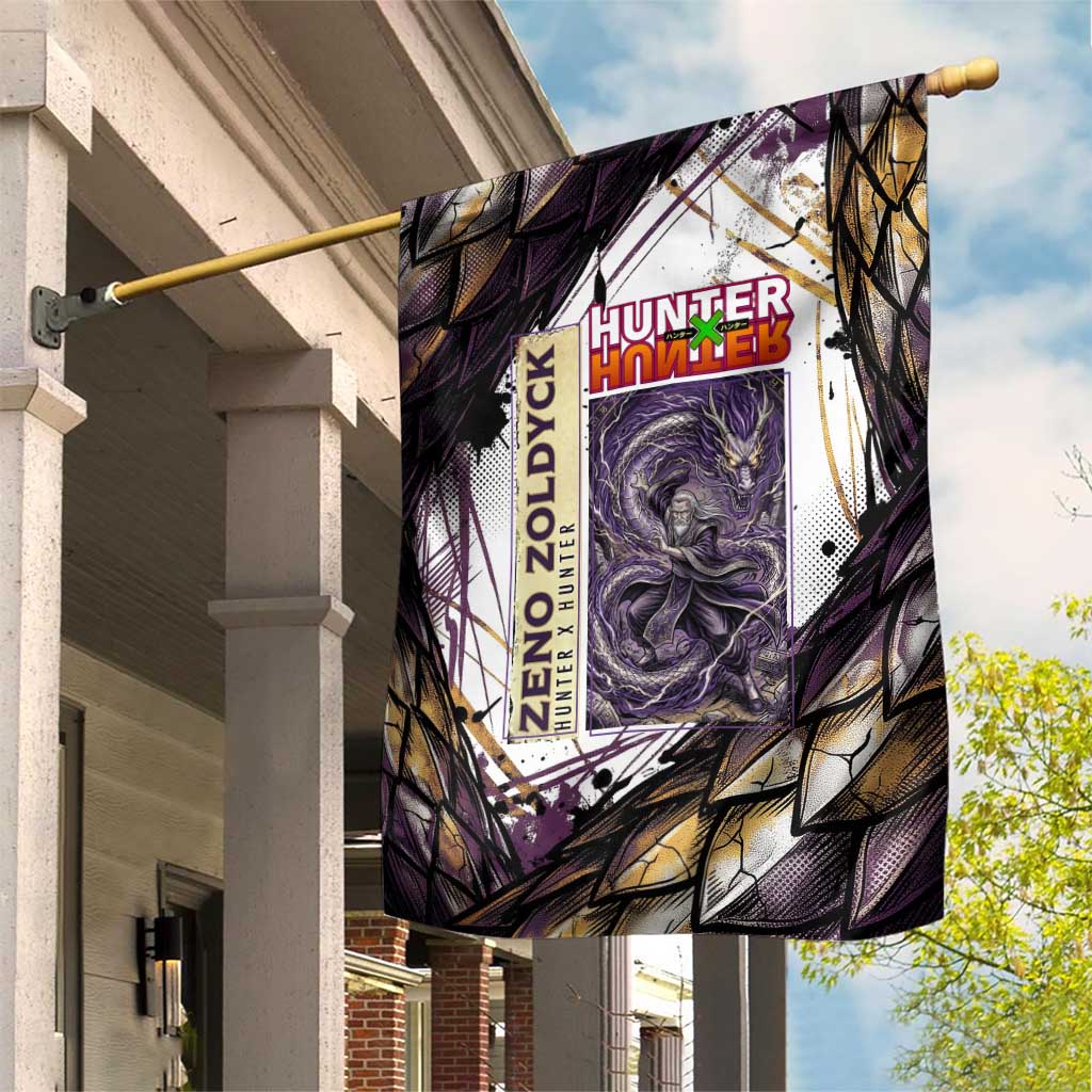 Zeno Zoldyck Theme White and Purple Dragon Aura Design Garden Flag with Dark Energy Card Artwork - The Mazicc