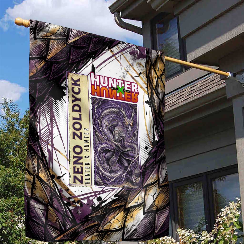 Zeno Zoldyck Theme White and Purple Dragon Aura Design Garden Flag with Dark Energy Card Artwork - The Mazicc
