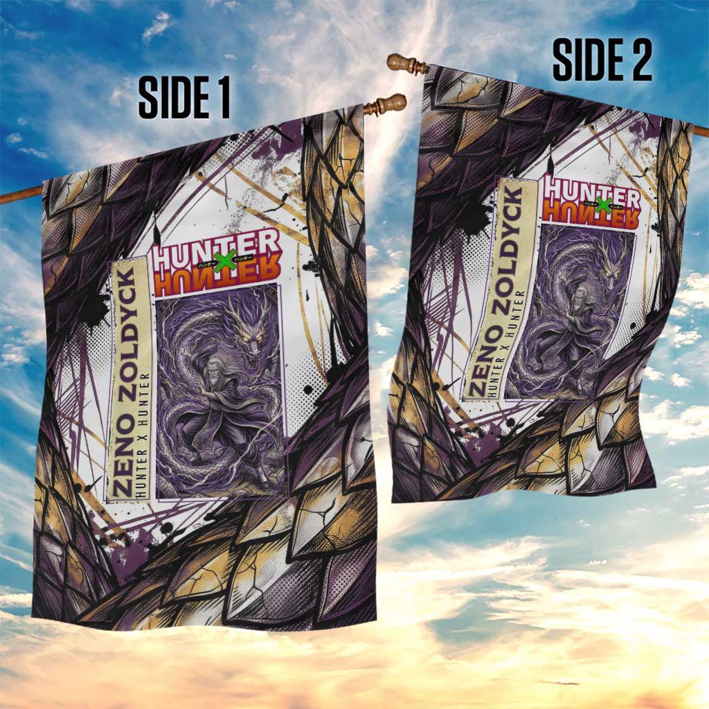 Zeno Zoldyck Theme White and Purple Dragon Aura Design Garden Flag with Dark Energy Card Artwork - The Mazicc