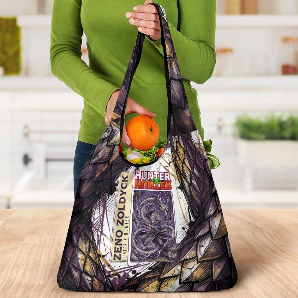 Zeno Zoldyck Theme White and Purple Dragon Aura Design Grocery Bag with Dark Energy Card Artwork - The Mazicc