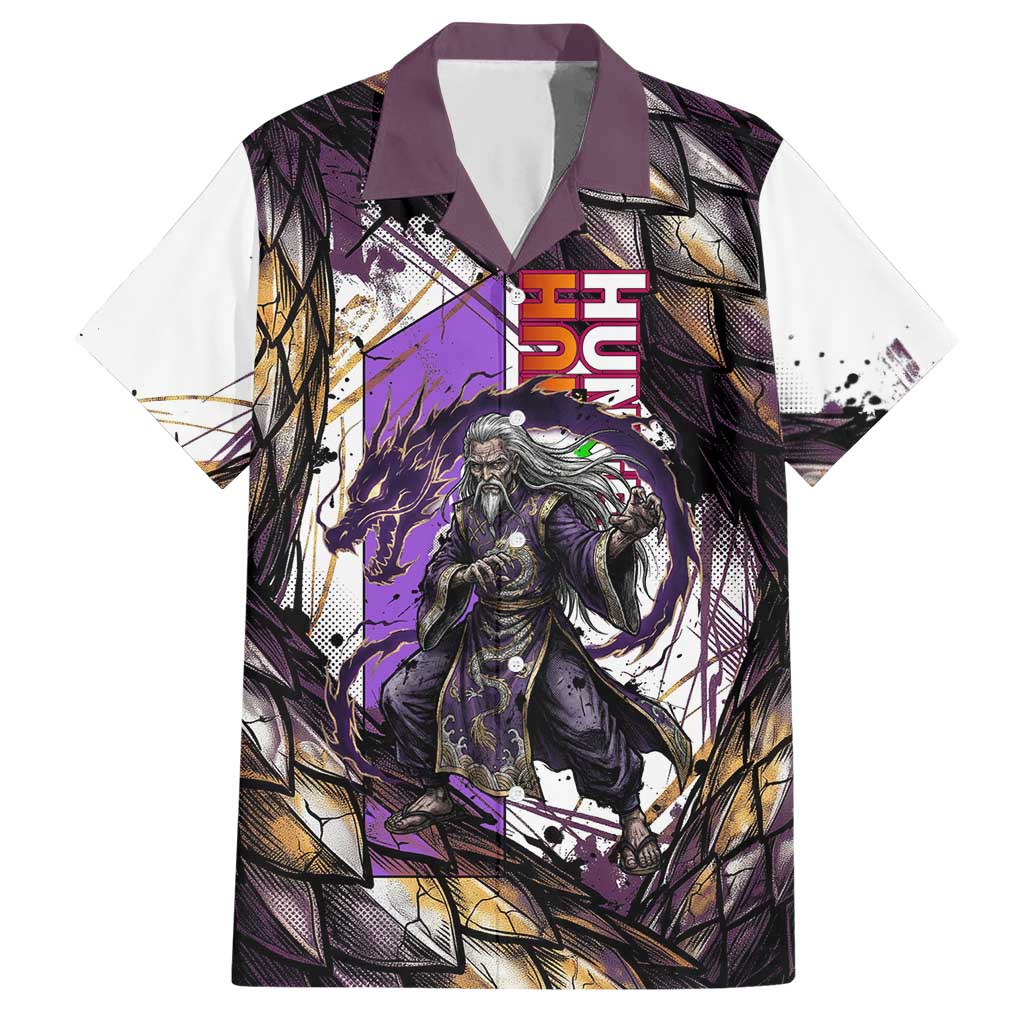 Zeno Zoldyck Theme White and Purple Dragon Aura Design Hawaiian Shirt with Dark Energy Card Artwork - The Mazicc