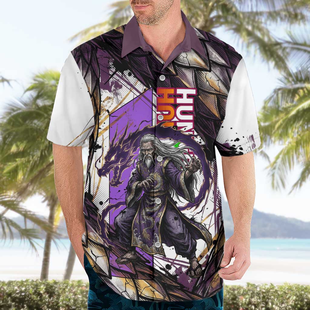 Zeno Zoldyck Theme White and Purple Dragon Aura Design Hawaiian Shirt with Dark Energy Card Artwork - The Mazicc