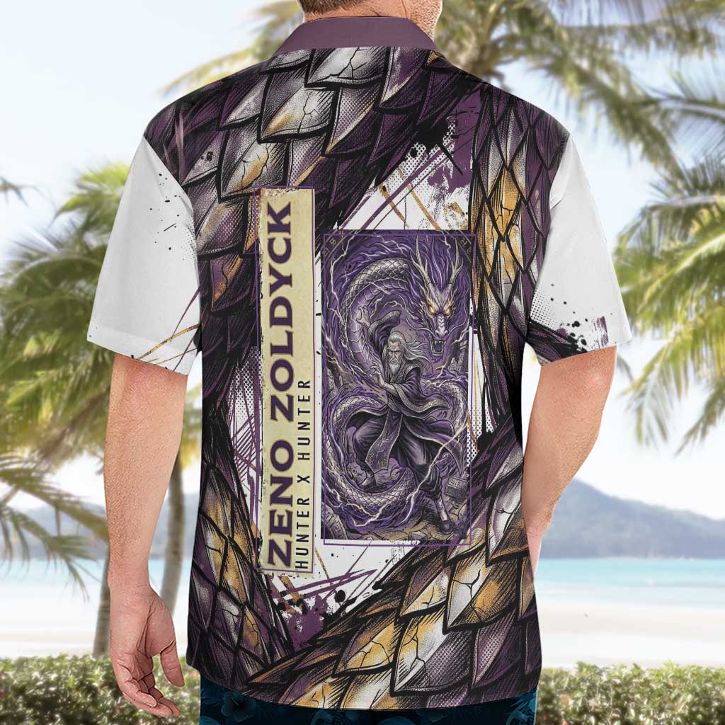 Zeno Zoldyck Theme White and Purple Dragon Aura Design Hawaiian Shirt with Dark Energy Card Artwork - The Mazicc
