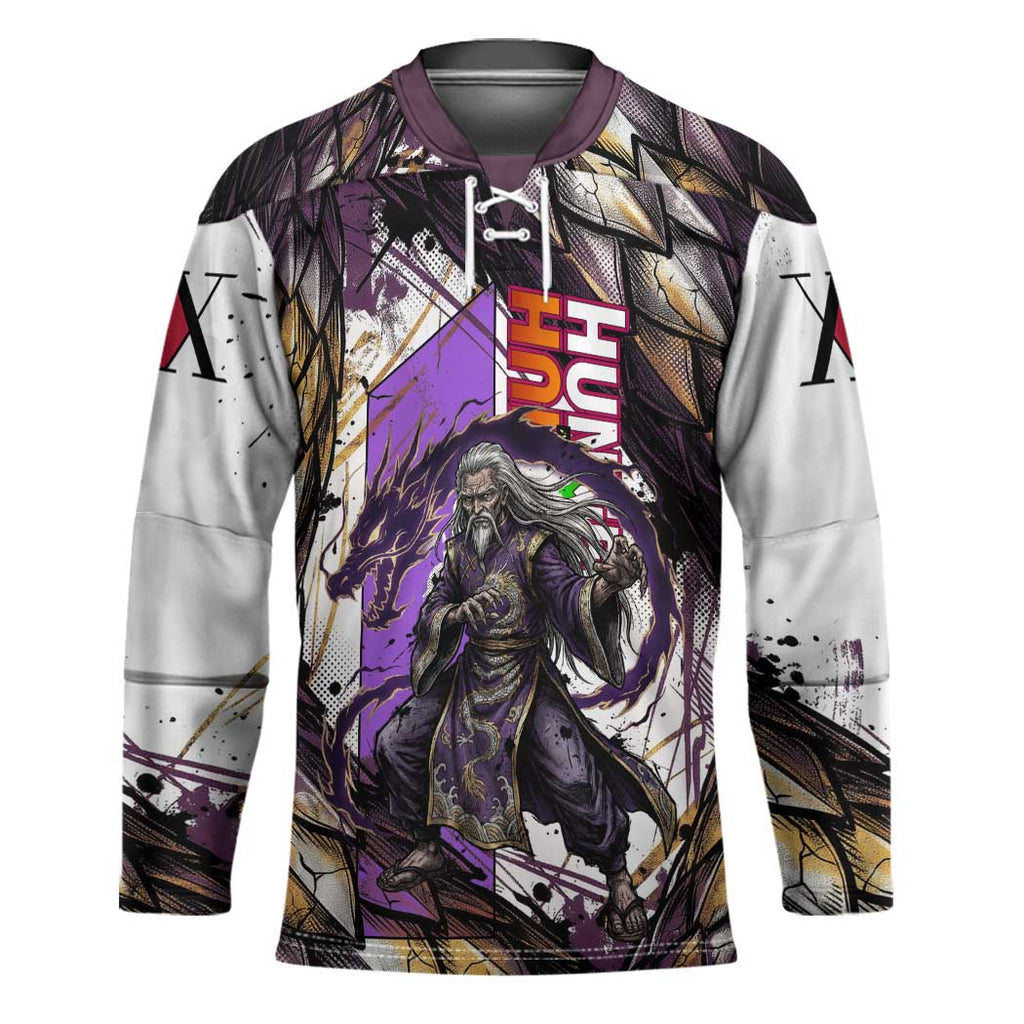 Zeno Zoldyck Theme White and Purple Dragon Aura Design Hockey Jersey with Dark Energy Card Artwork - The Mazicc