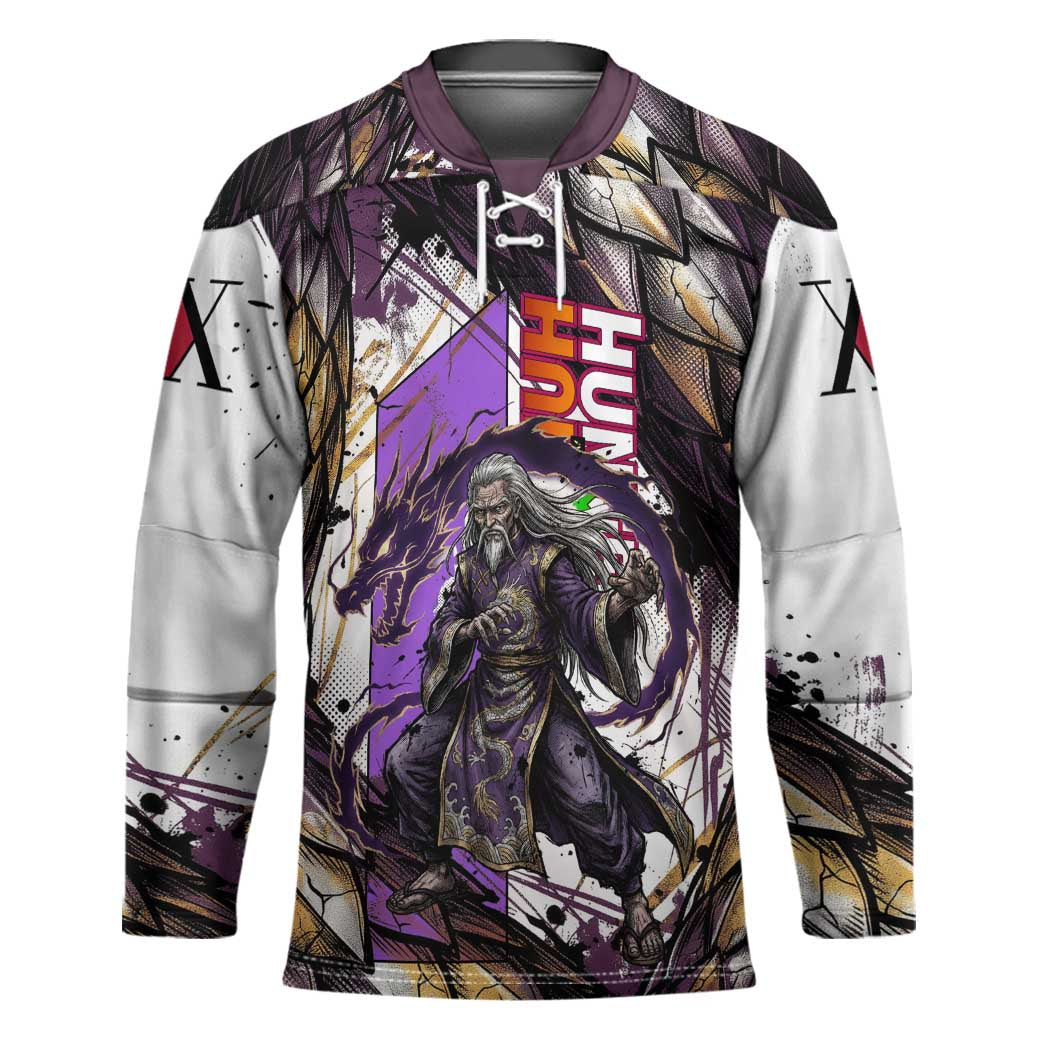 Zeno Zoldyck Theme White and Purple Dragon Aura Design Hockey Jersey with Dark Energy Card Artwork - The Mazicc