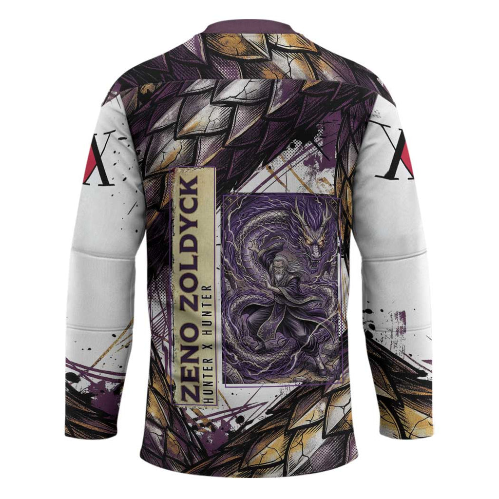 Zeno Zoldyck Theme White and Purple Dragon Aura Design Hockey Jersey with Dark Energy Card Artwork - The Mazicc