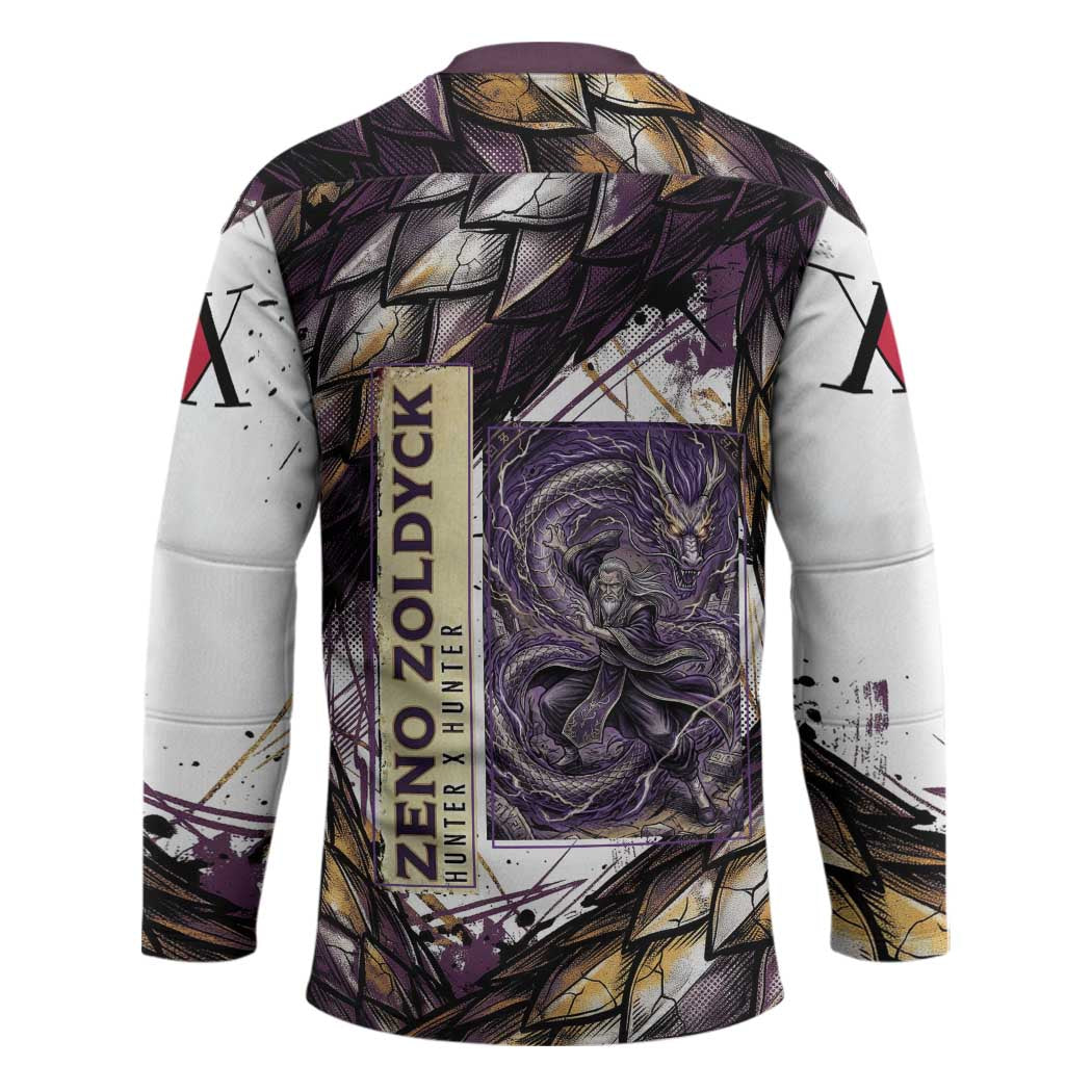 Zeno Zoldyck Theme White and Purple Dragon Aura Design Hockey Jersey with Dark Energy Card Artwork - The Mazicc
