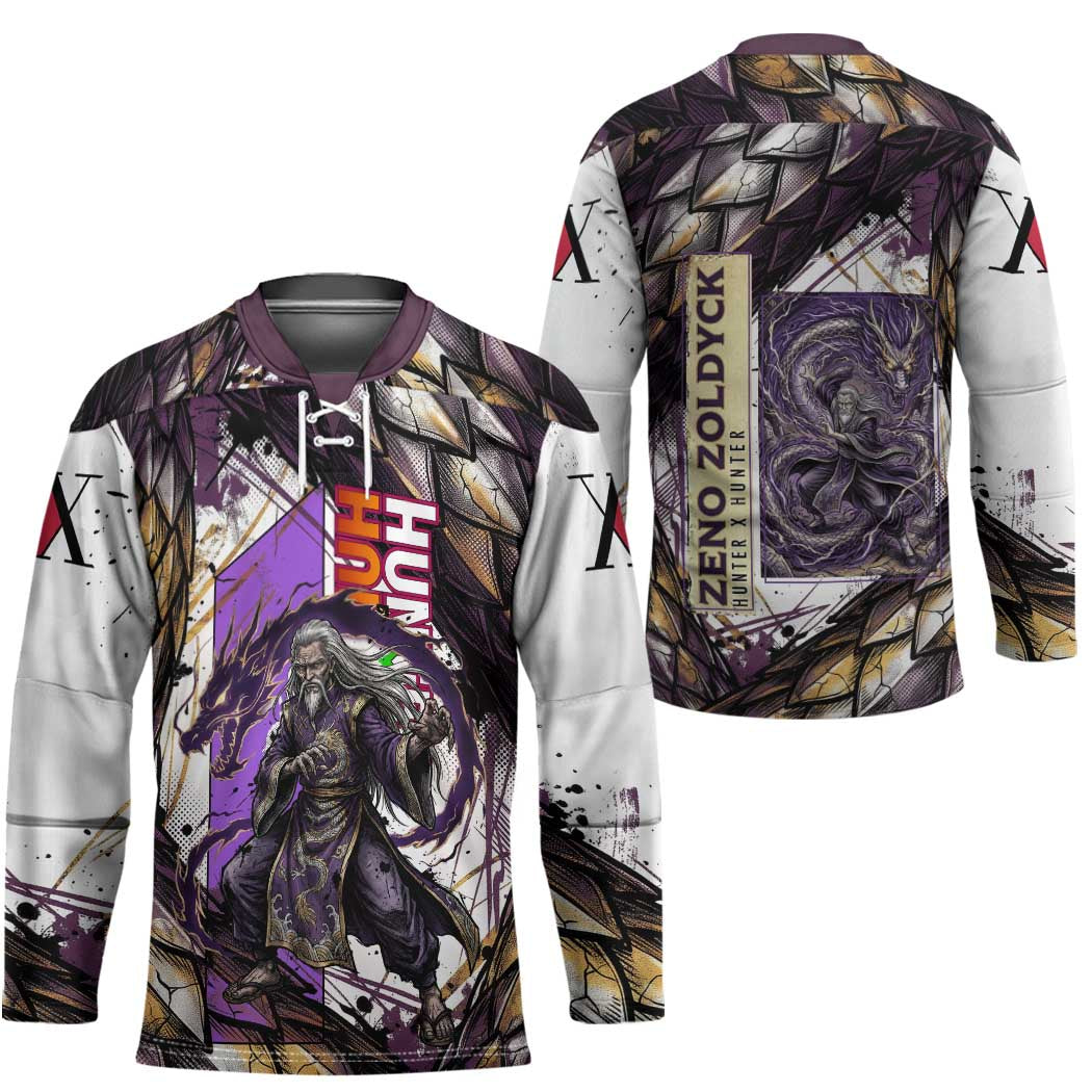Zeno Zoldyck Theme White and Purple Dragon Aura Design Hockey Jersey with Dark Energy Card Artwork - The Mazicc