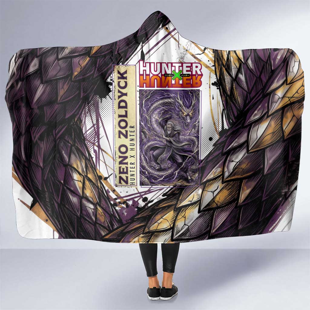 Zeno Zoldyck Theme White and Purple Dragon Aura Design Hooded Blanket with Dark Energy Card Artwork - The Mazicc