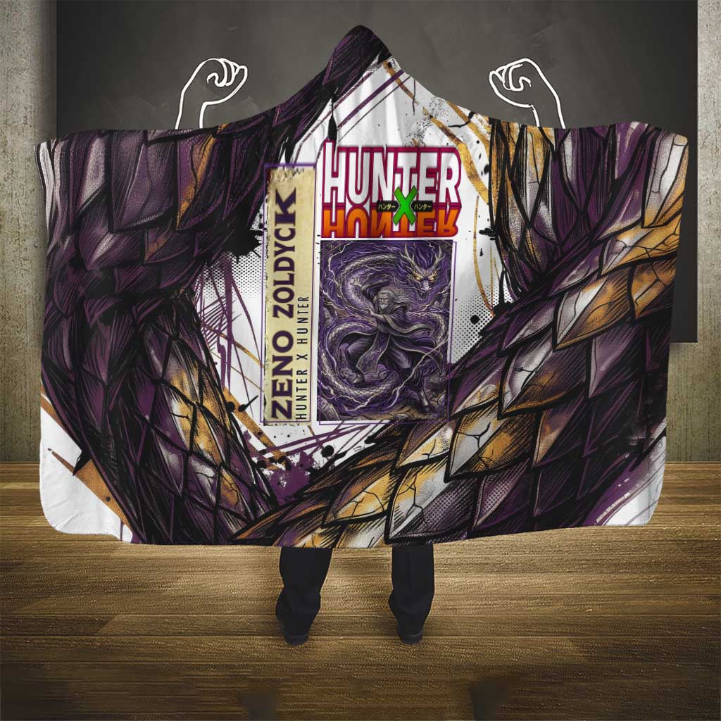Zeno Zoldyck Theme White and Purple Dragon Aura Design Hooded Blanket with Dark Energy Card Artwork - The Mazicc