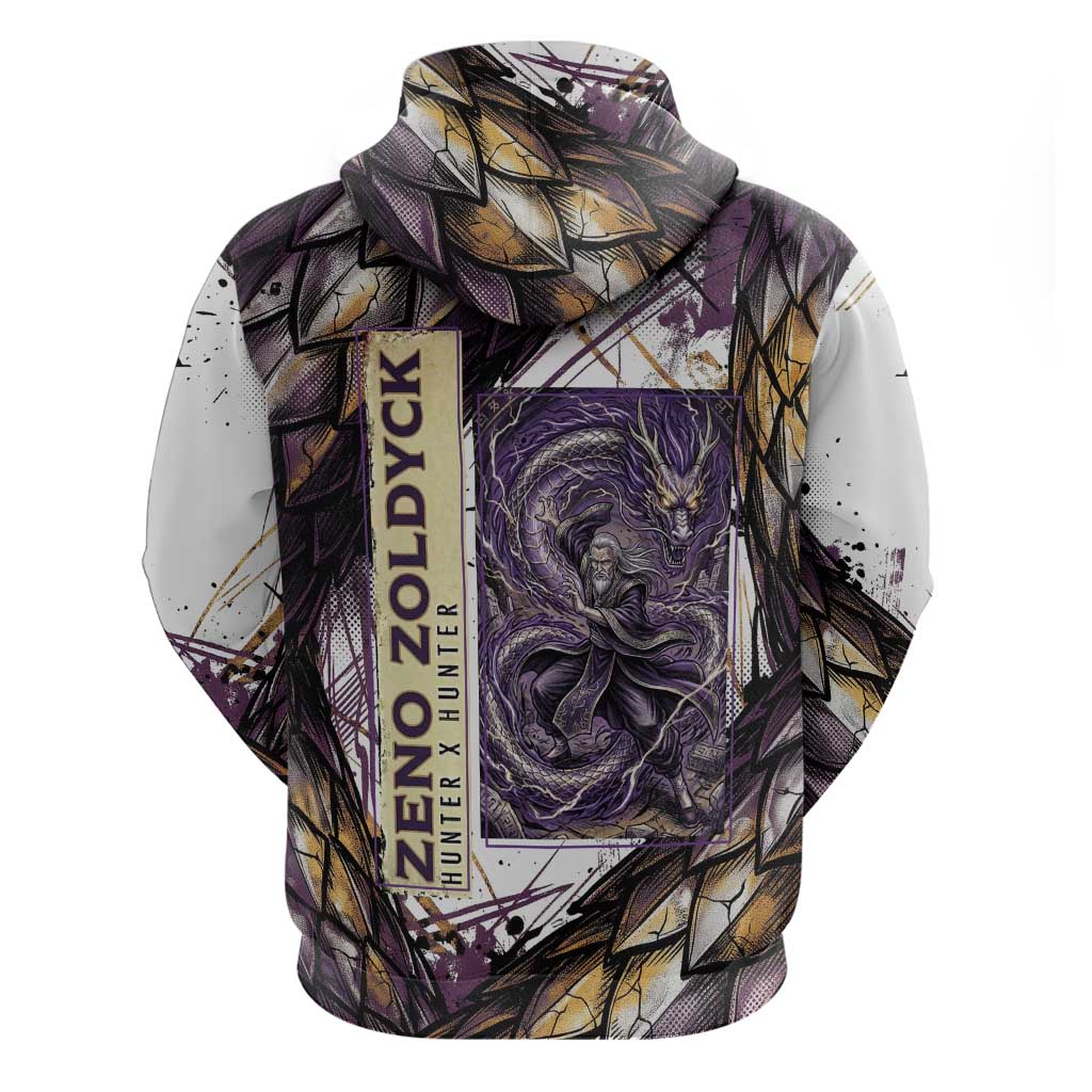 Zeno Zoldyck Theme White and Purple Dragon Aura Design Hoodie with Dark Energy Card Artwork - The Mazicc